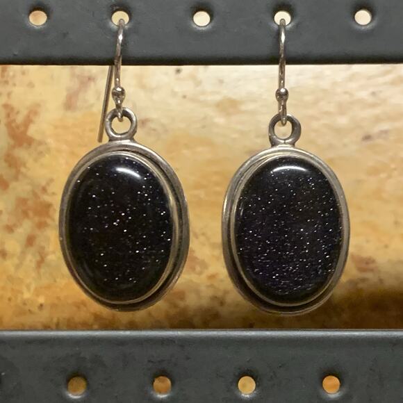 Sterling Silver and Blue Goldstone Earrings Vintage - Picture 1 of 7